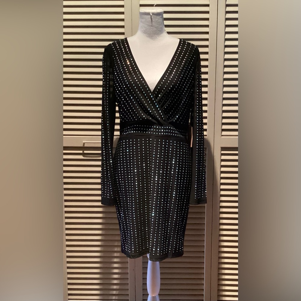 NWT- Blashe- Black Long Sleeve Rhinestone Wrap Dress